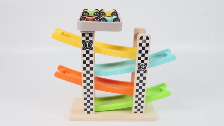Wooden Car Ramp Racer Toy – Montessori Educational Multi-Level Race Track for Toddlers & Kids