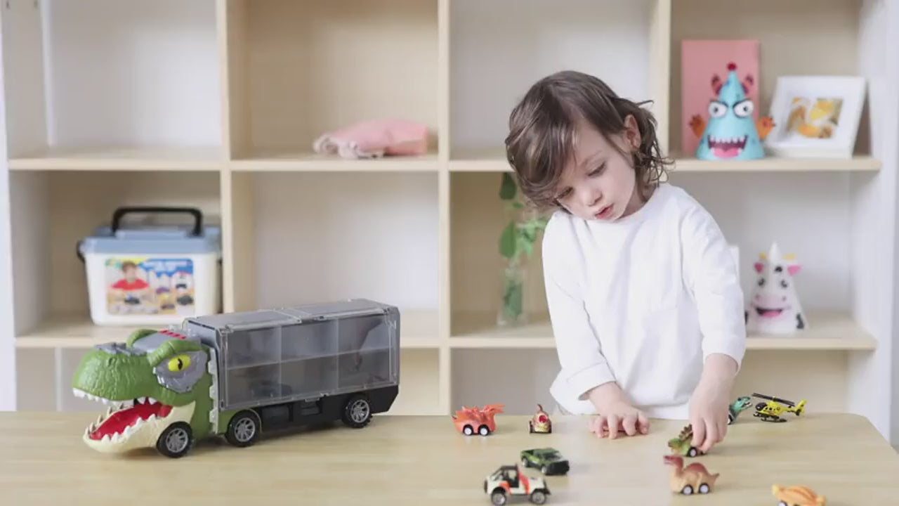 13-in-1 Dinosaur Truck Toys for Kids – Dinosaur Transport Truck with Light & Sound, Includes 12 Pull-Back Cars for Imaginative Play & Adventure Fun