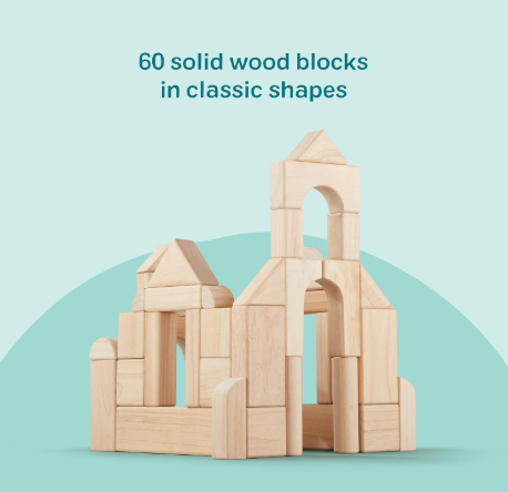 60-Piece Wood Building Blocks with Wooden Storage Tray – Hardwood Sorting, Stacking & Balancing STEM Toy for Kids