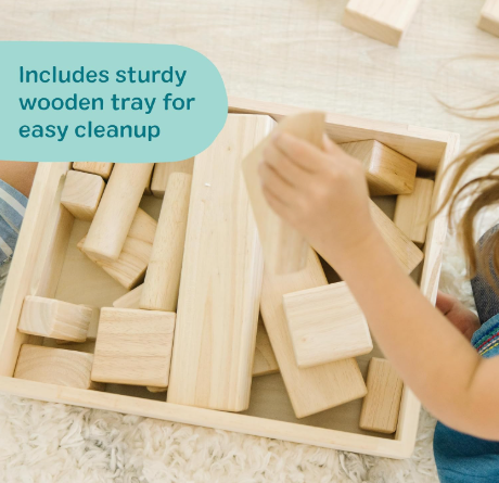 60-Piece Wood Building Blocks with Wooden Storage Tray – Hardwood Sorting, Stacking & Balancing STEM Toy for Kids