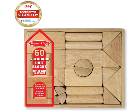 60-Piece Wood Building Blocks with Wooden Storage Tray – Hardwood Sorting, Stacking & Balancing STEM Toy for Kids