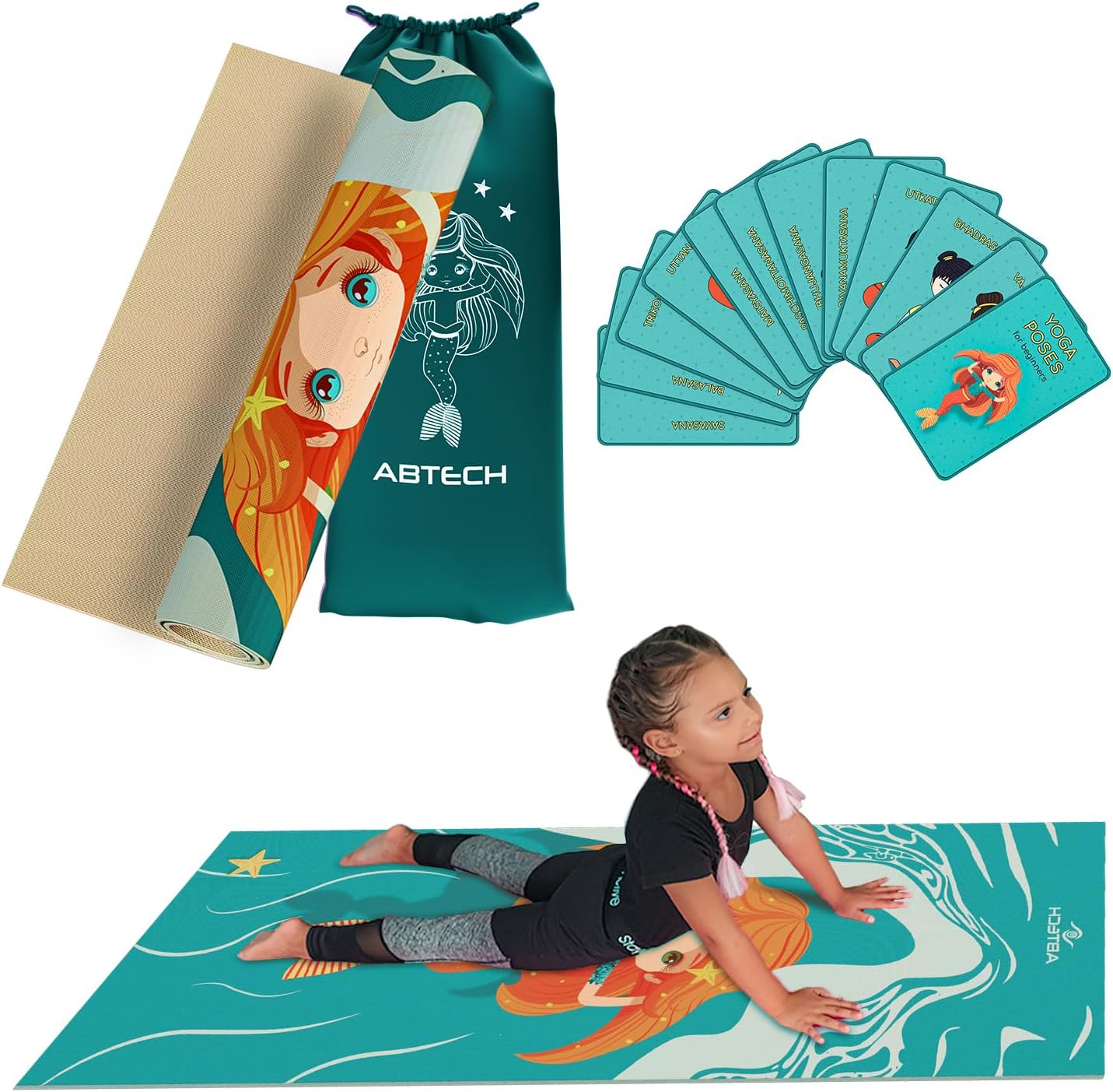 Kids Yoga Mat with 12 Yoga Cards – Fun Fitness & Mindfulness Exercise Set for Flexibility and Balance