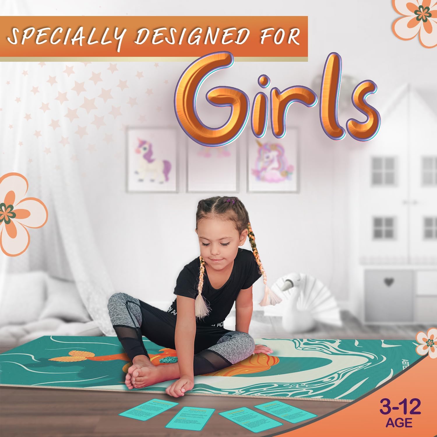 Kids Yoga Mat with 12 Yoga Cards – Fun Fitness & Mindfulness Exercise Set for Flexibility and Balance