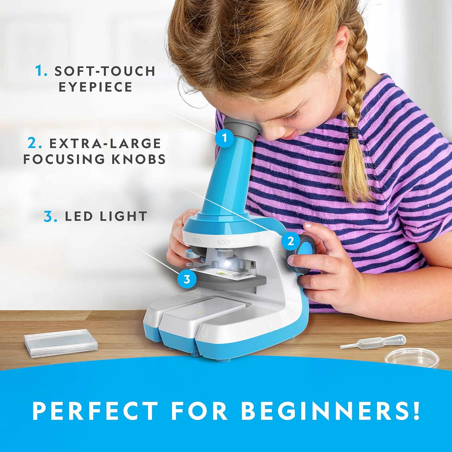 Microscope for Kids Science Kit – Easy-to-Use Educational Microscope with Up to 400x Zoom, STEM Learning Toy for Young Scientists