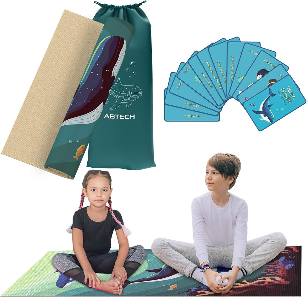 Kids Yoga Mat with 12 Yoga Cards – Fun Fitness & Mindfulness Exercise Set for Flexibility and Balance