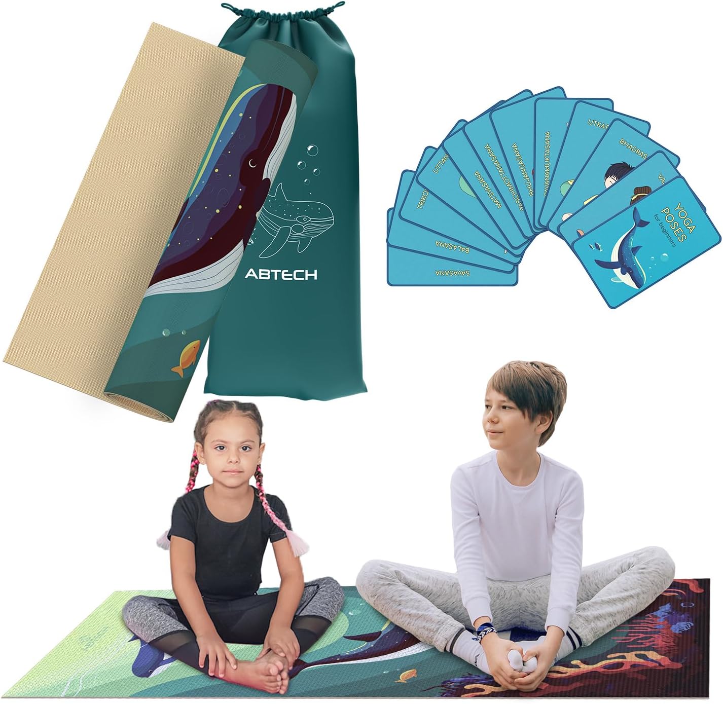 Kids Yoga Mat with 12 Yoga Cards – Fun Fitness & Mindfulness Exercise Set for Flexibility and Balance