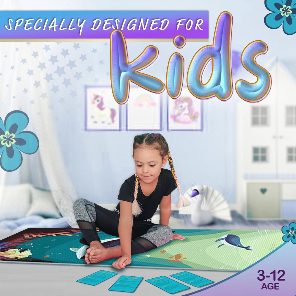 Kids Yoga Mat with 12 Yoga Cards – Fun Fitness & Mindfulness Exercise Set for Flexibility and Balance