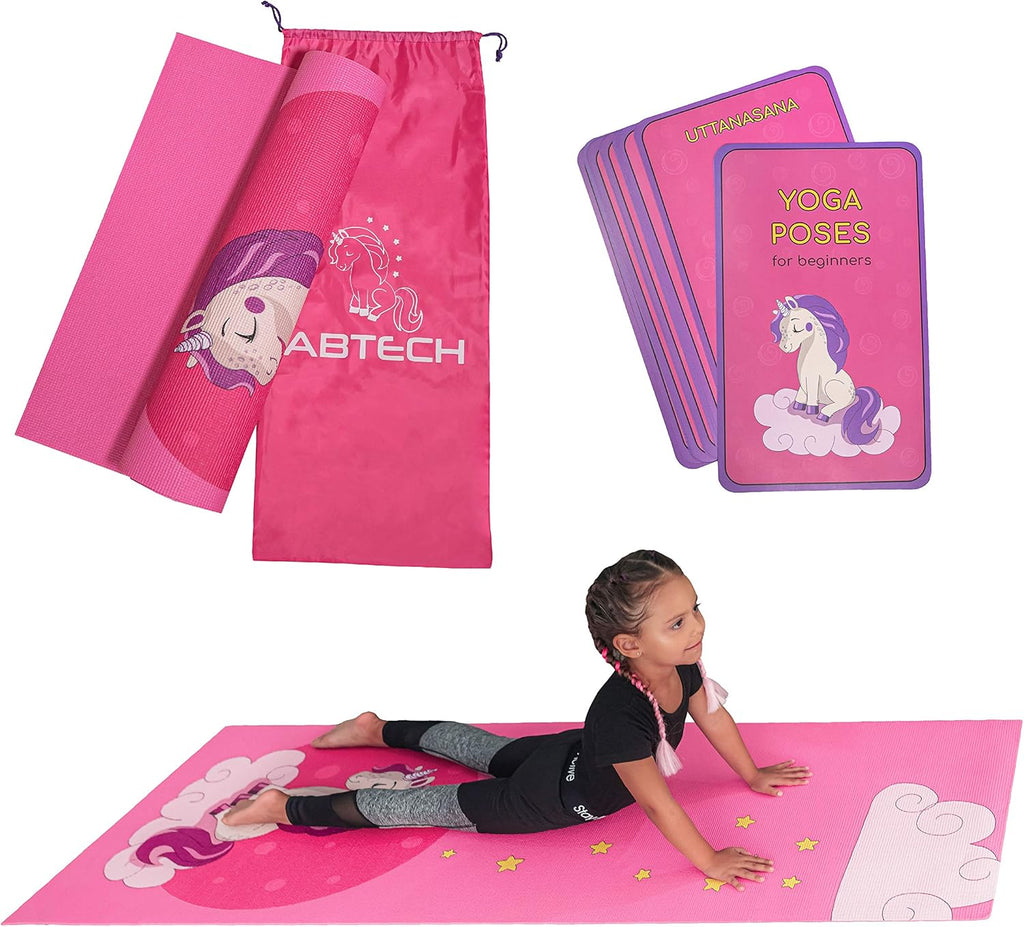 Kids Yoga Mat with 12 Yoga Cards – Fun Fitness & Mindfulness Exercise Set for Flexibility and Balance