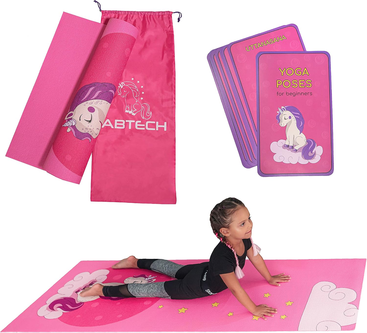 Kids Yoga Mat with 12 Yoga Cards – Fun Fitness & Mindfulness Exercise Set for Flexibility and Balance