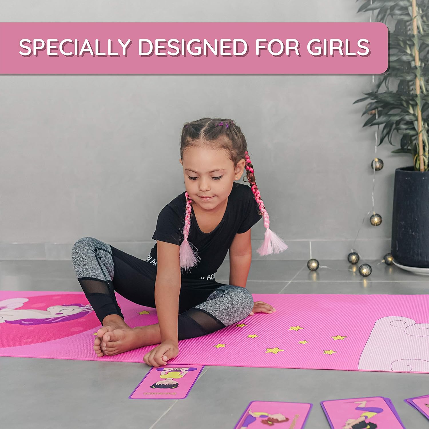 Kids Yoga Mat with 12 Yoga Cards – Fun Fitness & Mindfulness Exercise Set for Flexibility and Balance