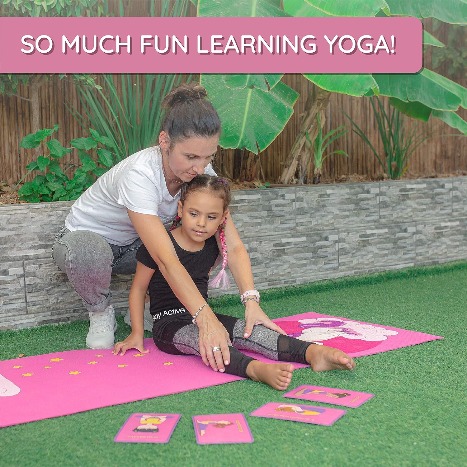 Kids Yoga Mat with 12 Yoga Cards – Fun Fitness & Mindfulness Exercise Set for Flexibility and Balance