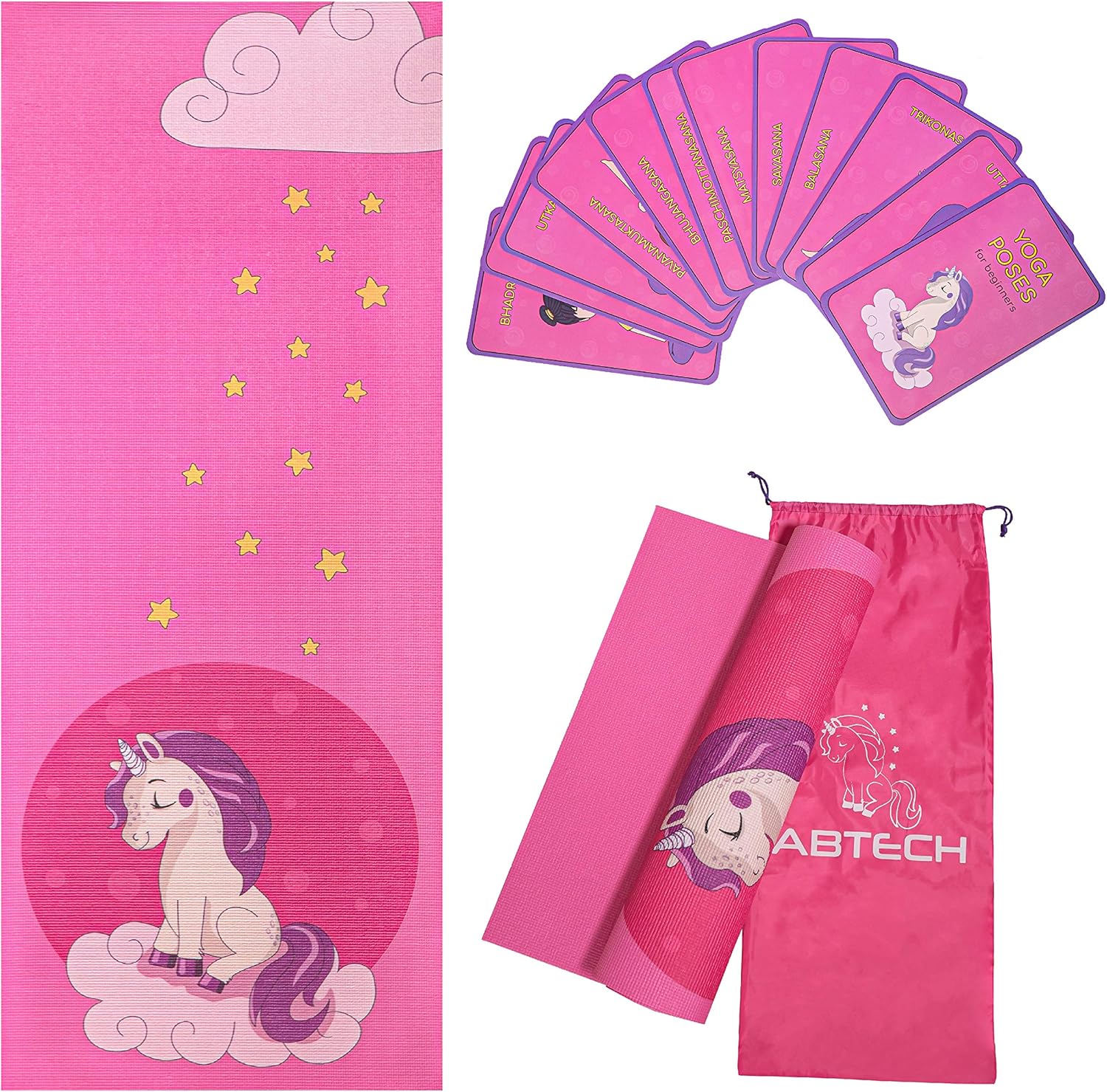 Kids Yoga Mat with 12 Yoga Cards – Fun Fitness & Mindfulness Exercise Set for Flexibility and Balance