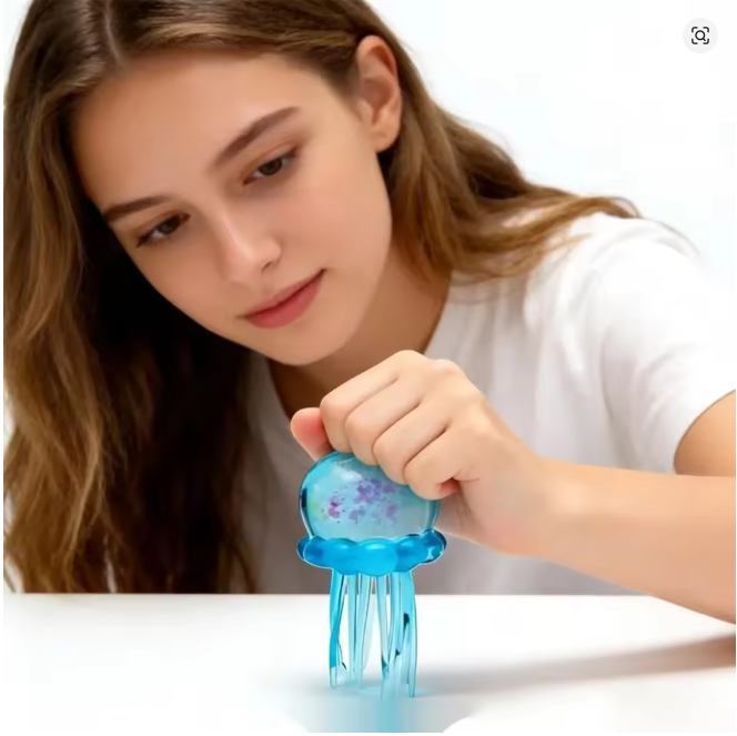 Transparent Glitter Jellyfish Squishy Toy (Blue) – Soft Sensory Stress Relief Fidget Toy for Kids