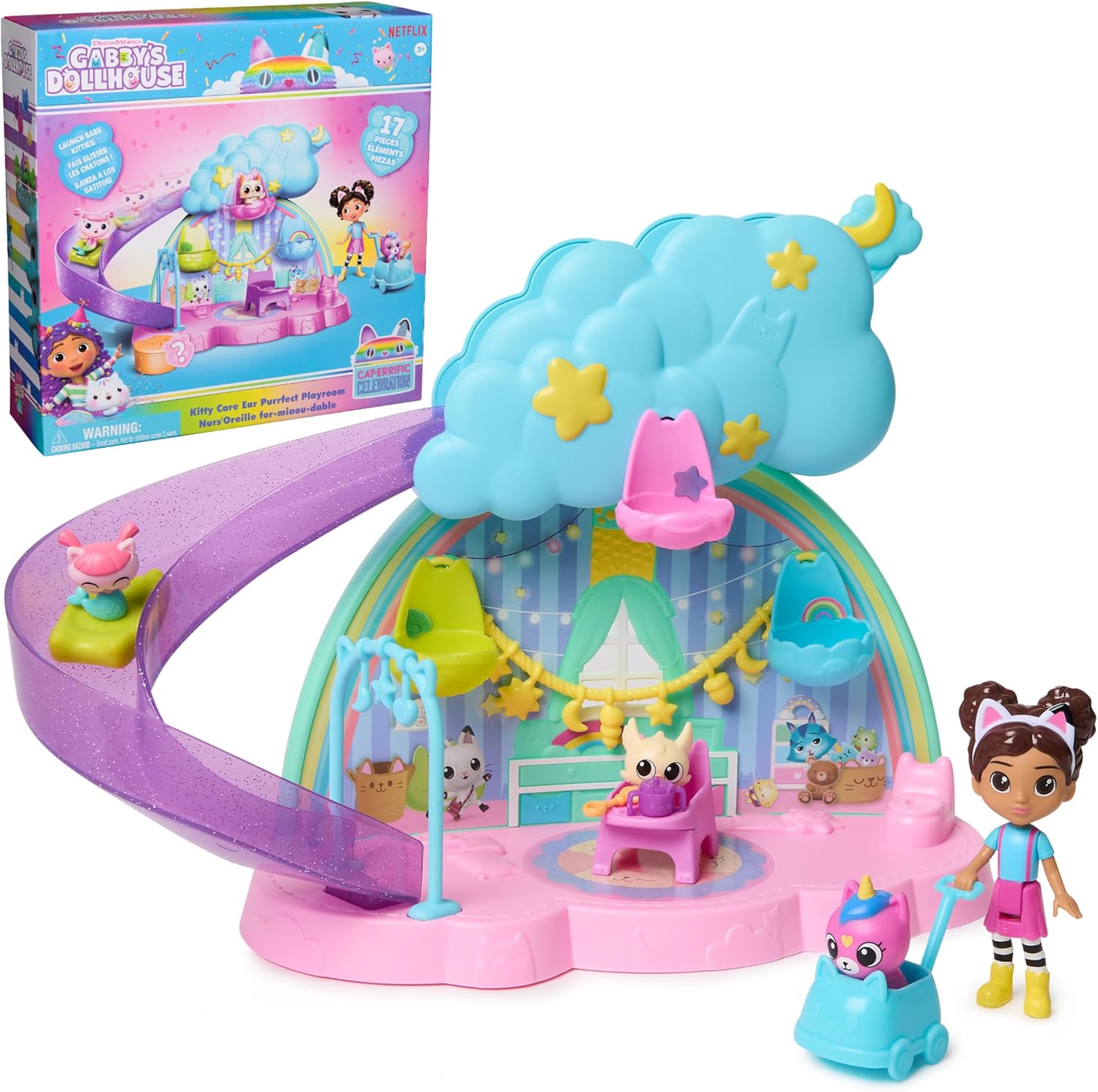 Gabby's Dollhouse Kitty Care Ear Purrfect Playroom Playset with 4 Toy Figures & 17 Accessories, Pretend Pet Care Toy for Kids