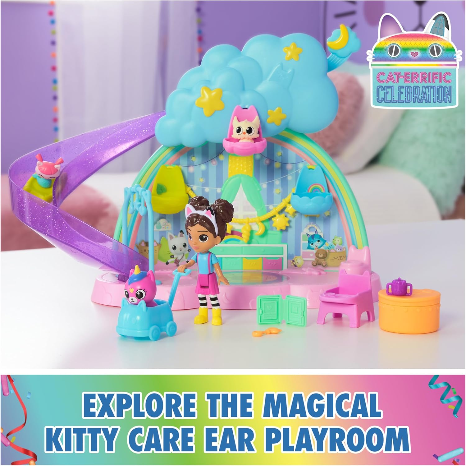 Gabby's Dollhouse Kitty Care Ear Purrfect Playroom Playset with 4 Toy Figures & 17 Accessories, Pretend Pet Care Toy for Kids