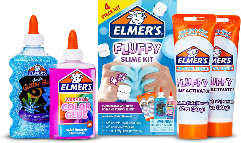 Elmer’s Fluffy Slime Kit – 4 Count DIY Slime Making Set with Translucent Glue, Glitter Glue & Activator