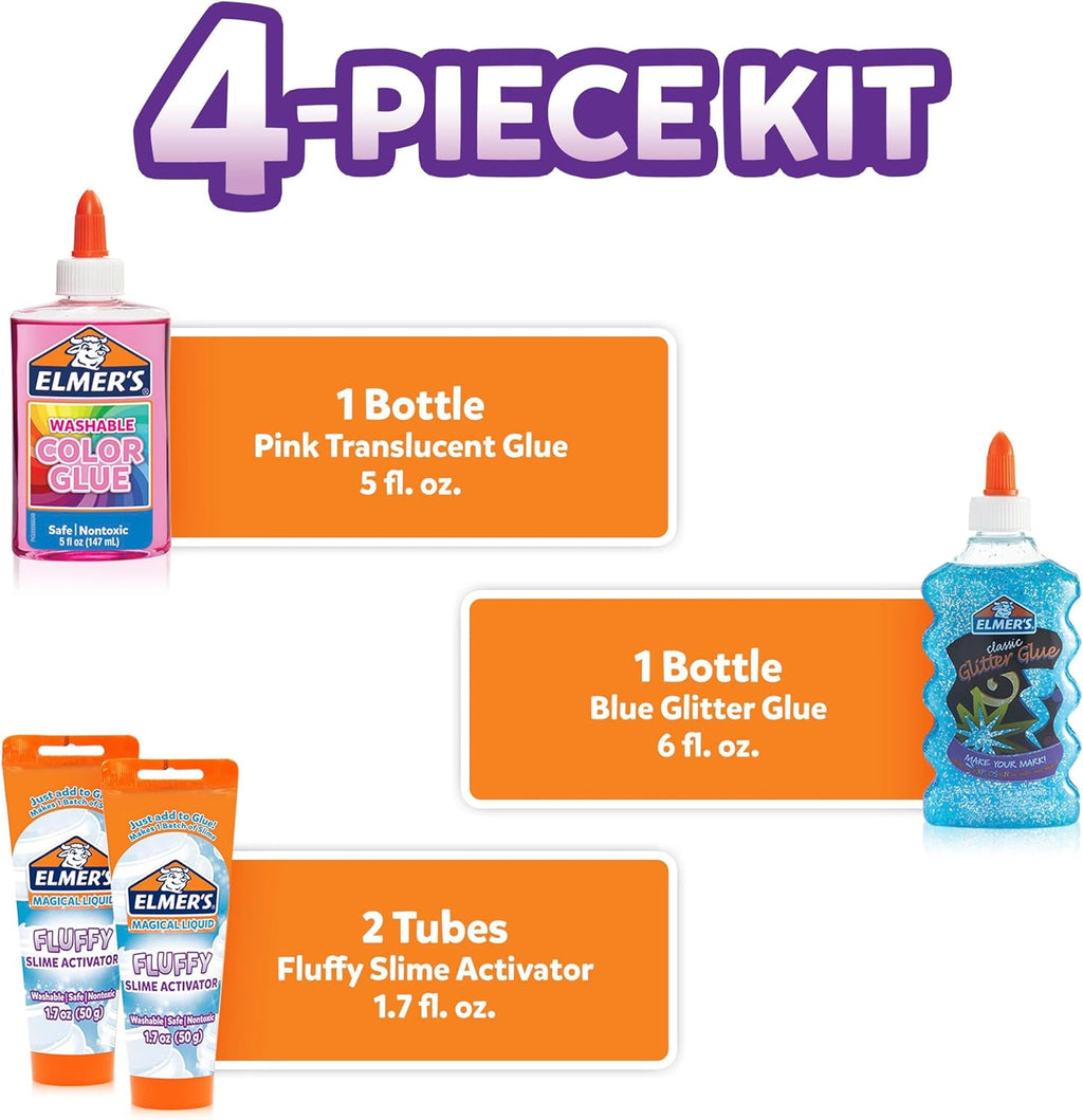 Elmer’s Fluffy Slime Kit – 4 Count DIY Slime Making Set with Translucent Glue, Glitter Glue & Activator