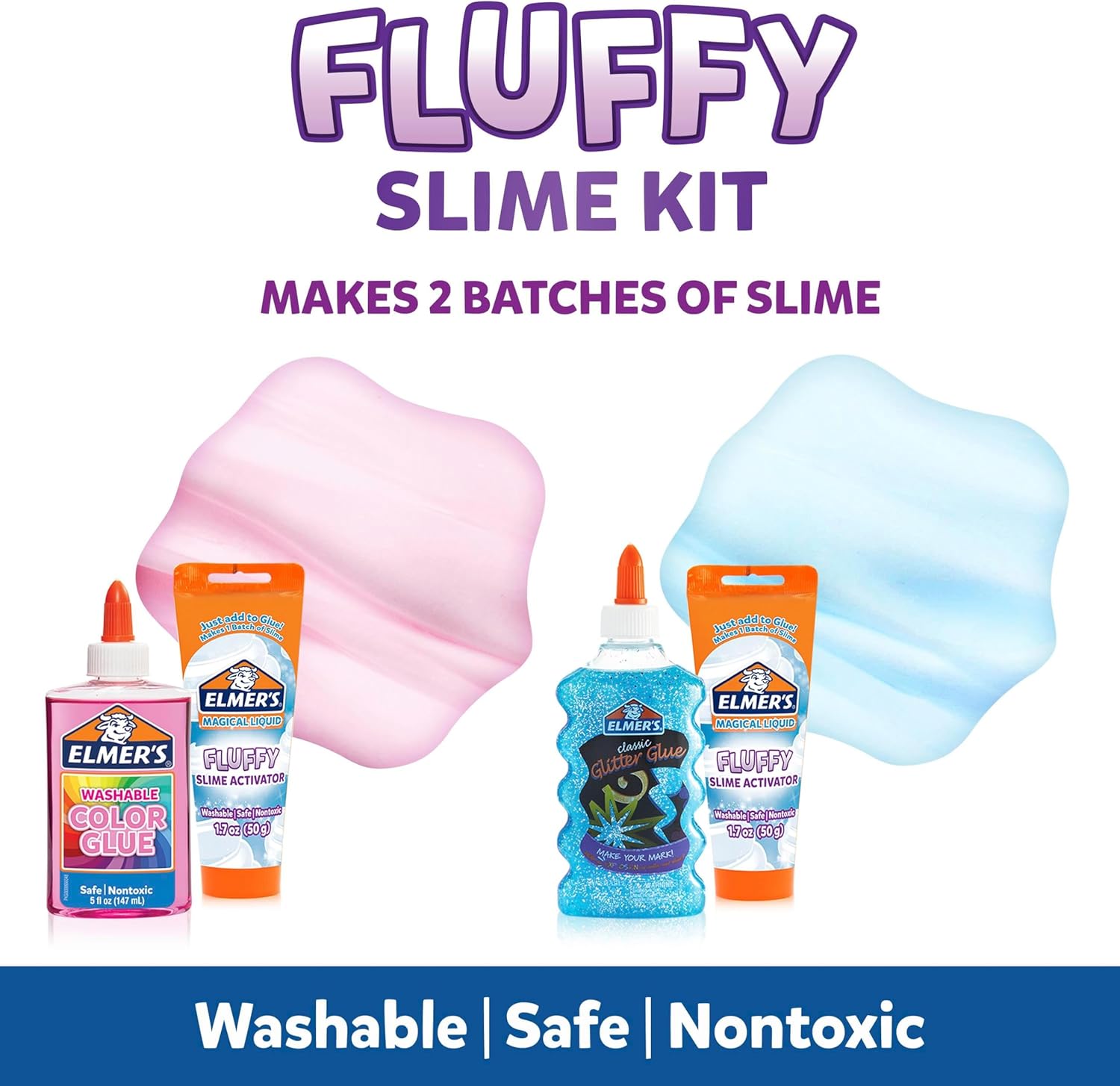 Elmer’s Fluffy Slime Kit – 4 Count DIY Slime Making Set with Translucent Glue, Glitter Glue & Activator