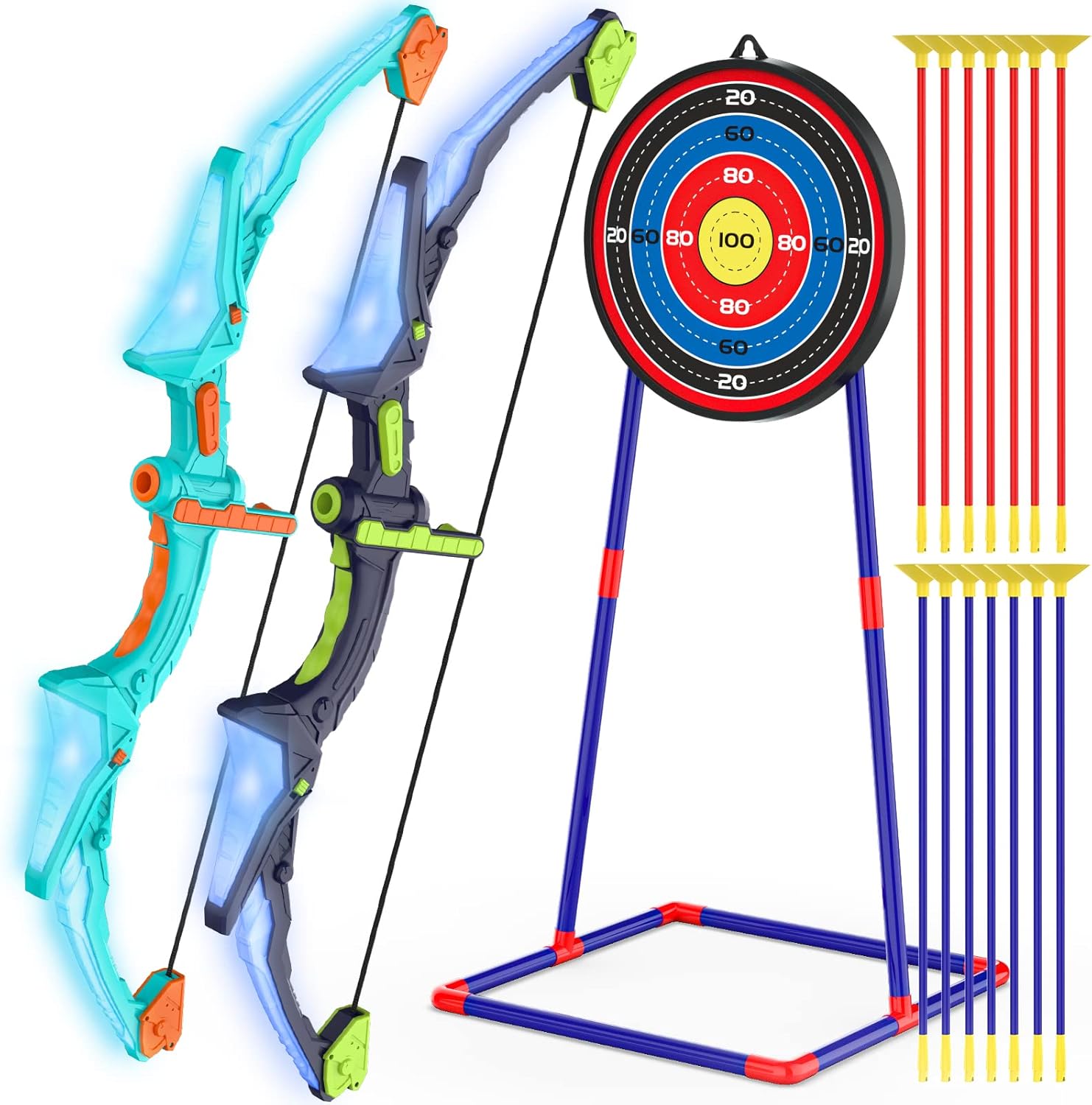2-Pack Kids Bow and Arrow Set with LED Flash Lights, 14 Suction Cup Arrows & Glow Standing Target (Purple & Green)