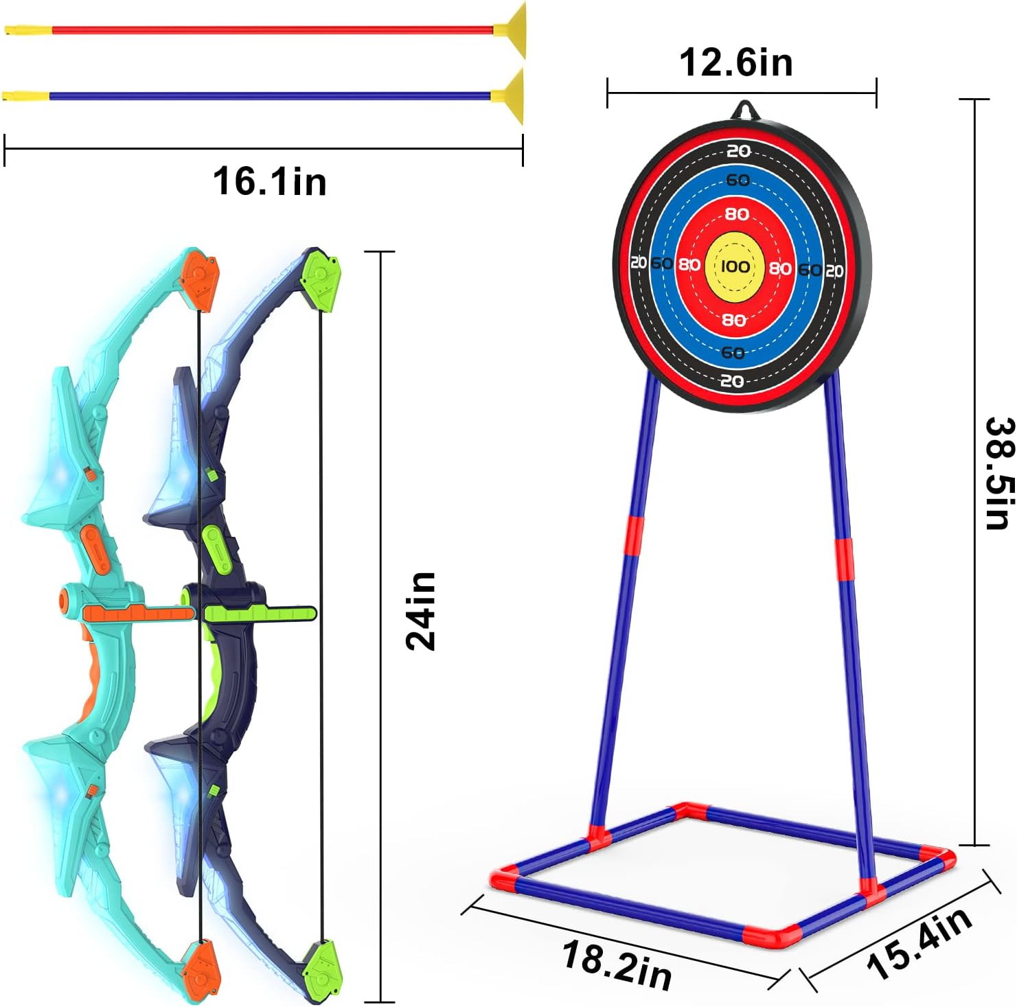 2-Pack Kids Bow and Arrow Set with LED Flash Lights, 14 Suction Cup Arrows & Glow Standing Target (Purple & Green)