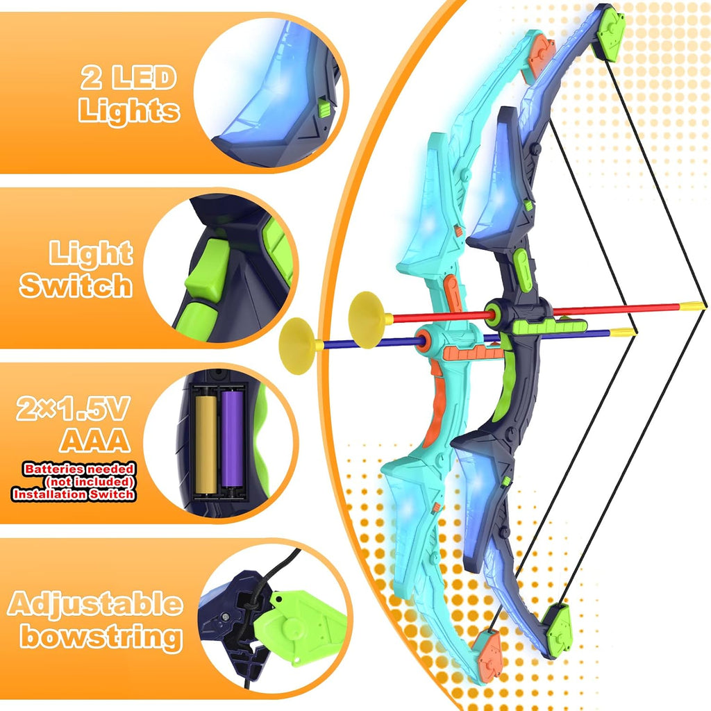 2-Pack Kids Bow and Arrow Set with LED Flash Lights, 14 Suction Cup Arrows & Glow Standing Target (Purple & Green)