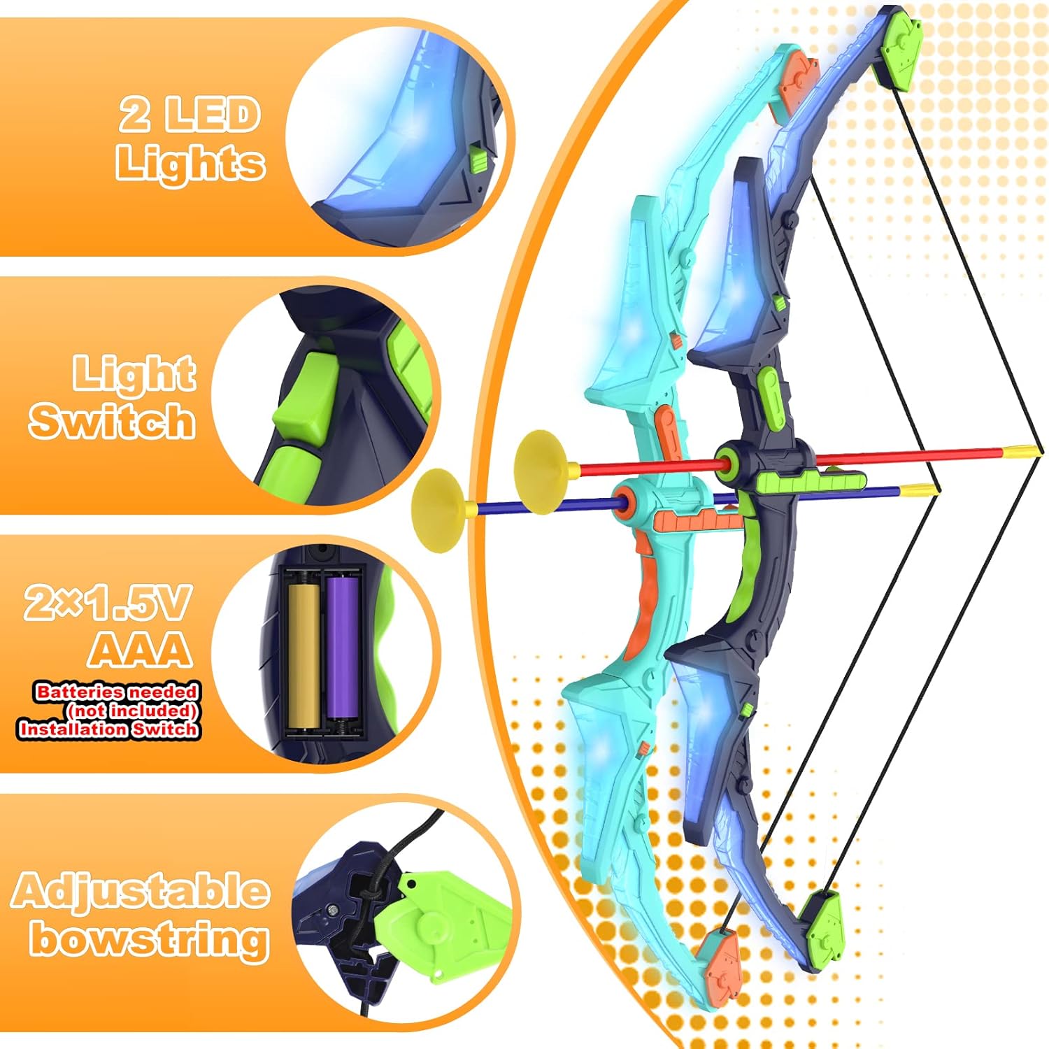 2-Pack Kids Bow and Arrow Set with LED Flash Lights, 14 Suction Cup Arrows & Glow Standing Target (Purple & Green)