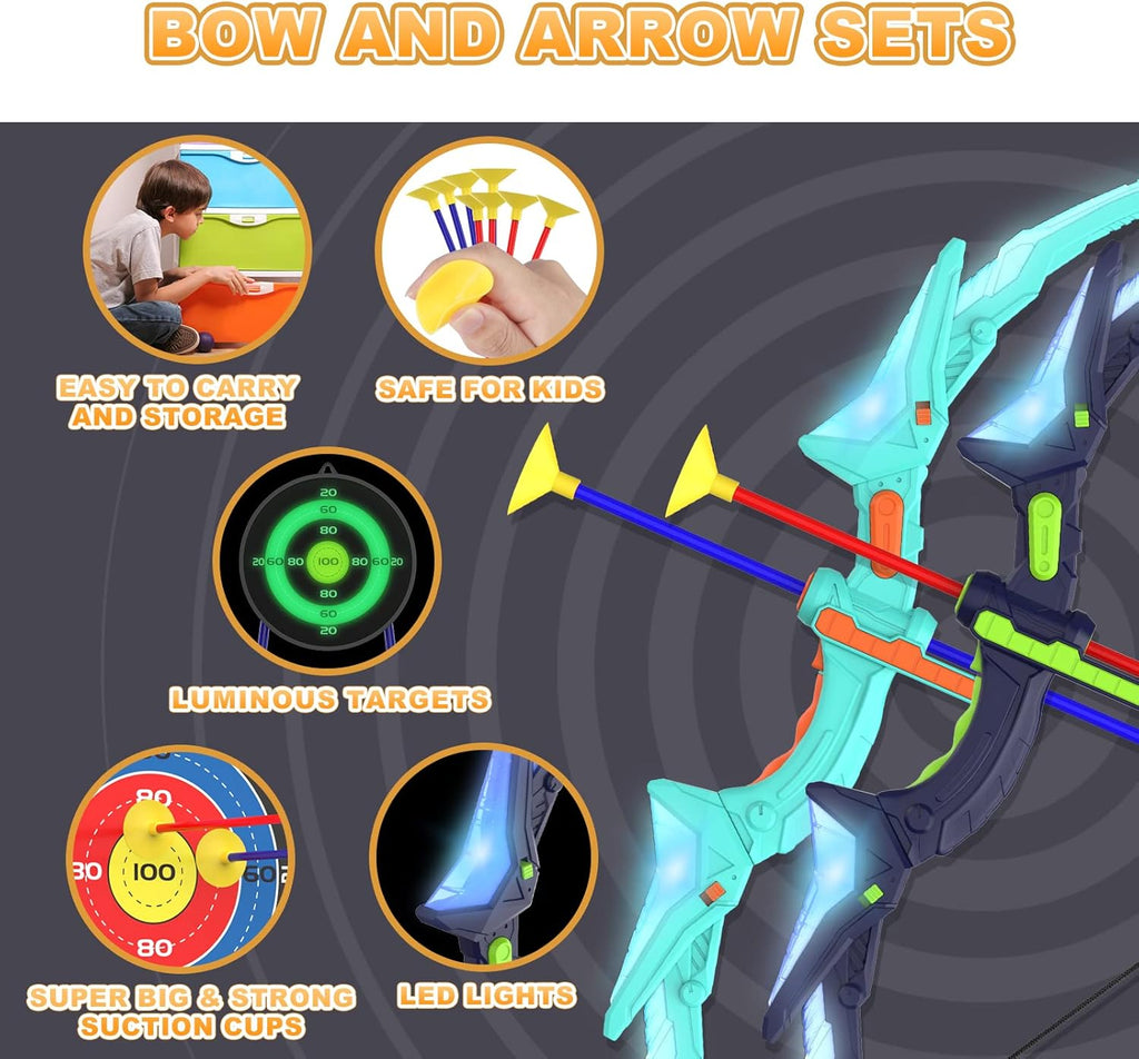 2-Pack Kids Bow and Arrow Set with LED Flash Lights, 14 Suction Cup Arrows & Glow Standing Target (Purple & Green)