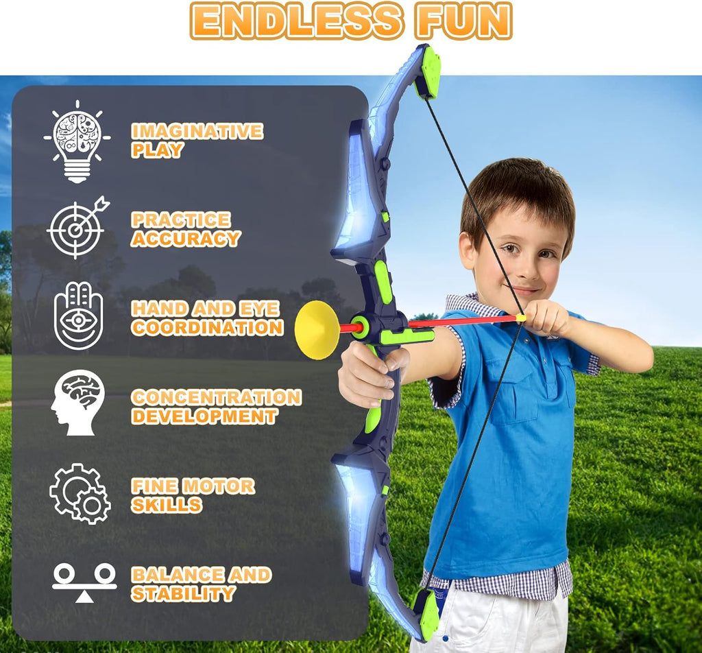 2-Pack Kids Bow and Arrow Set with LED Flash Lights, 14 Suction Cup Arrows & Glow Standing Target (Purple & Green)
