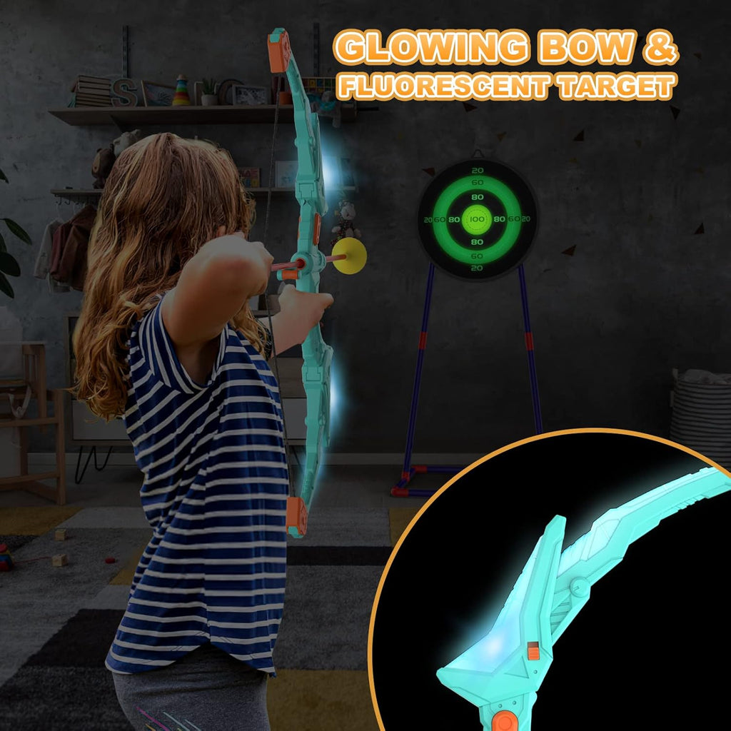 2-Pack Kids Bow and Arrow Set with LED Flash Lights, 14 Suction Cup Arrows & Glow Standing Target (Purple & Green)