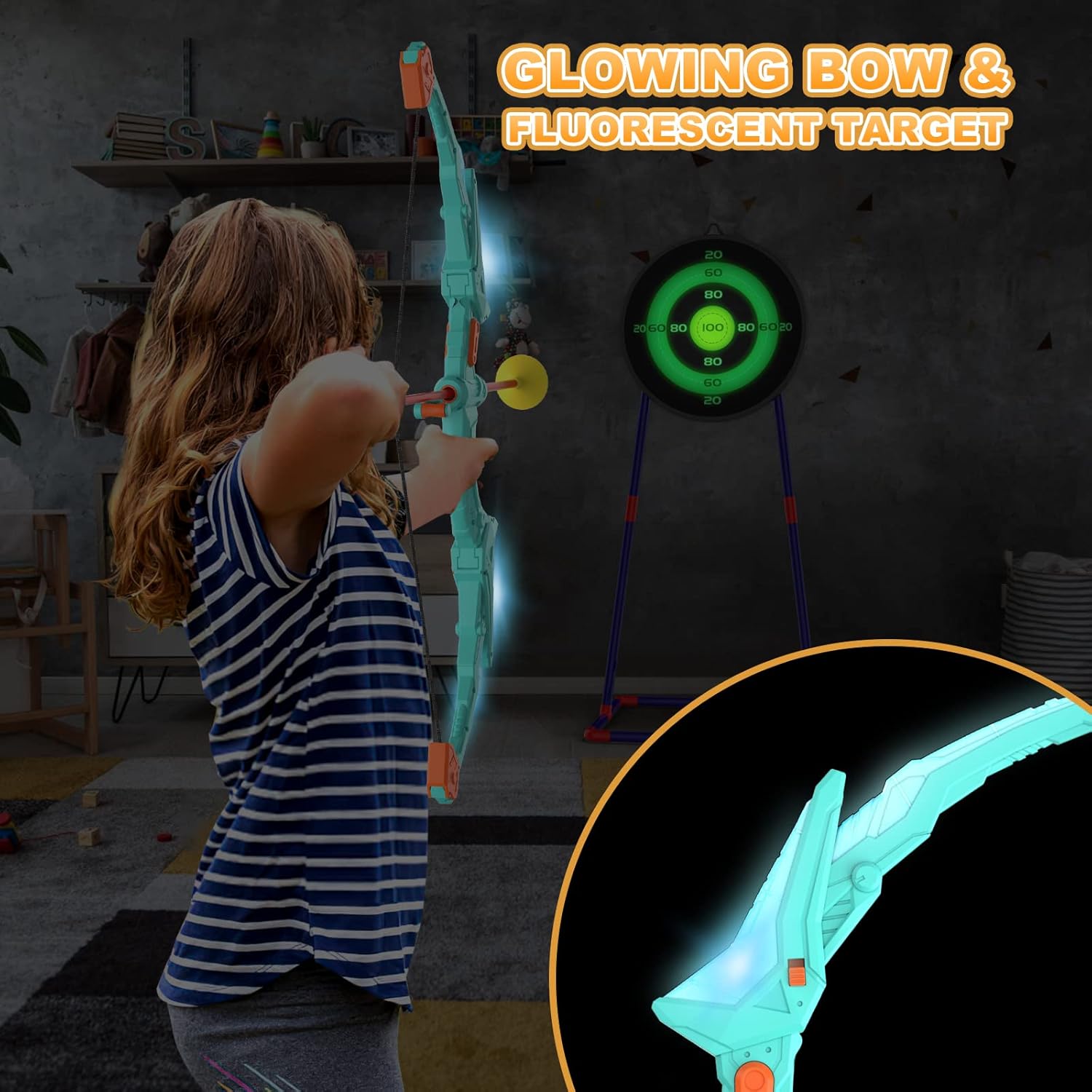2-Pack Kids Bow and Arrow Set with LED Flash Lights, 14 Suction Cup Arrows & Glow Standing Target (Purple & Green)