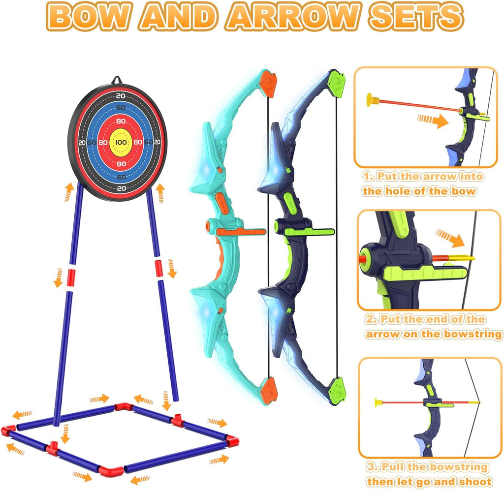 2-Pack Kids Bow and Arrow Set with LED Flash Lights, 14 Suction Cup Arrows & Glow Standing Target (Purple & Green)