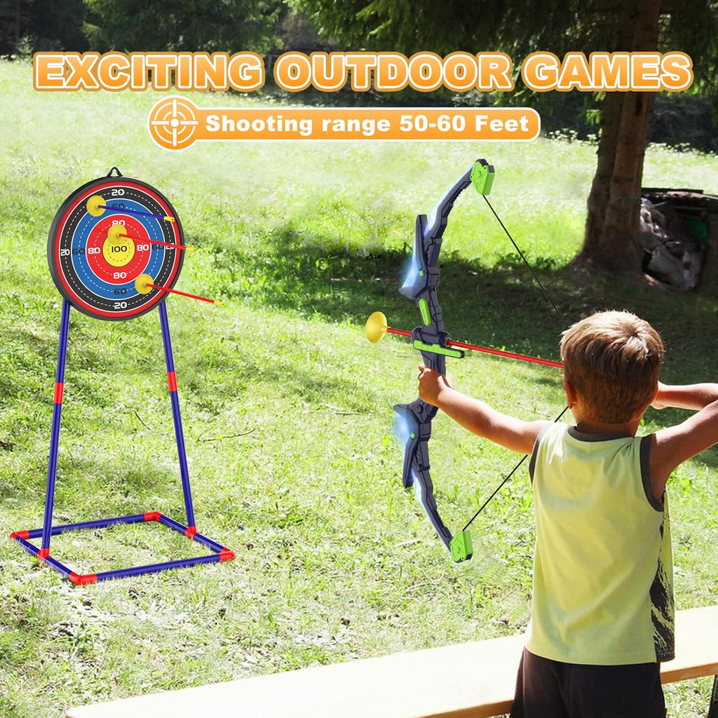 2-Pack Kids Bow and Arrow Set with LED Flash Lights, 14 Suction Cup Arrows & Glow Standing Target (Purple & Green)