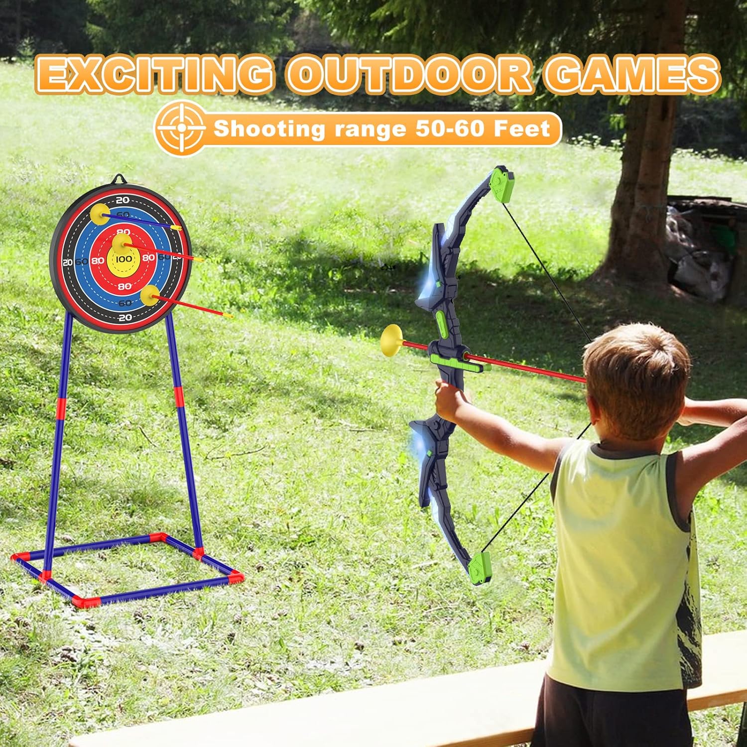 2-Pack Kids Bow and Arrow Set with LED Flash Lights, 14 Suction Cup Arrows & Glow Standing Target (Purple & Green)