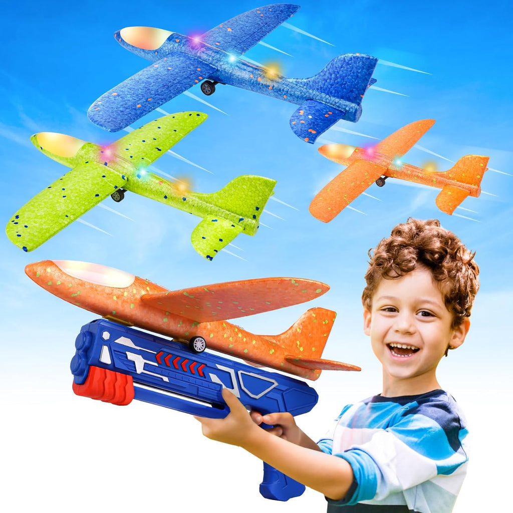 3 Pack Airplane Launcher Toys – 13.2” LED Foam Glider Plane Set (Blue, Green & Orange)