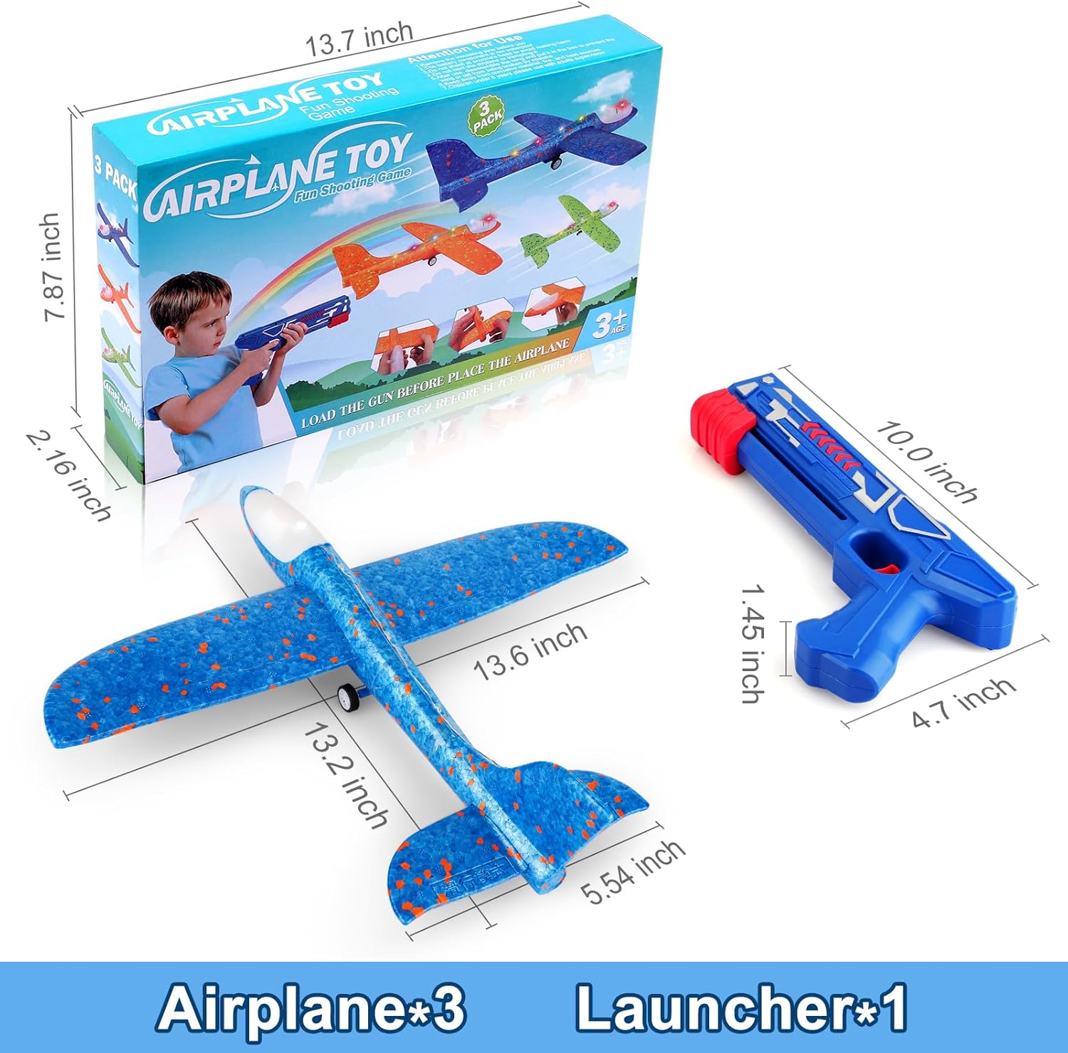 3 Pack Airplane Launcher Toys – 13.2” LED Foam Glider Plane Set (Blue, Green & Orange)