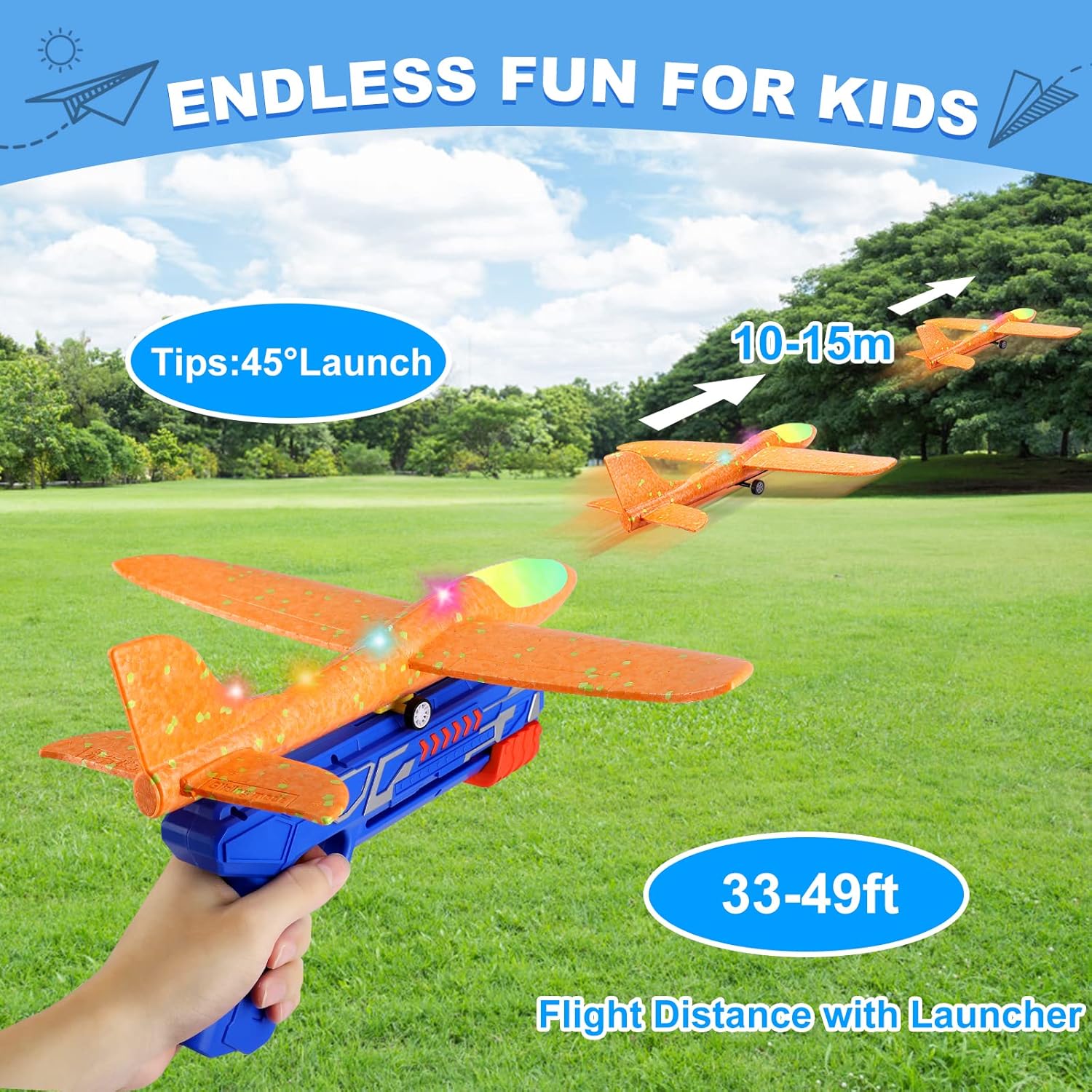 3 Pack Airplane Launcher Toys – 13.2” LED Foam Glider Plane Set (Blue, Green & Orange)