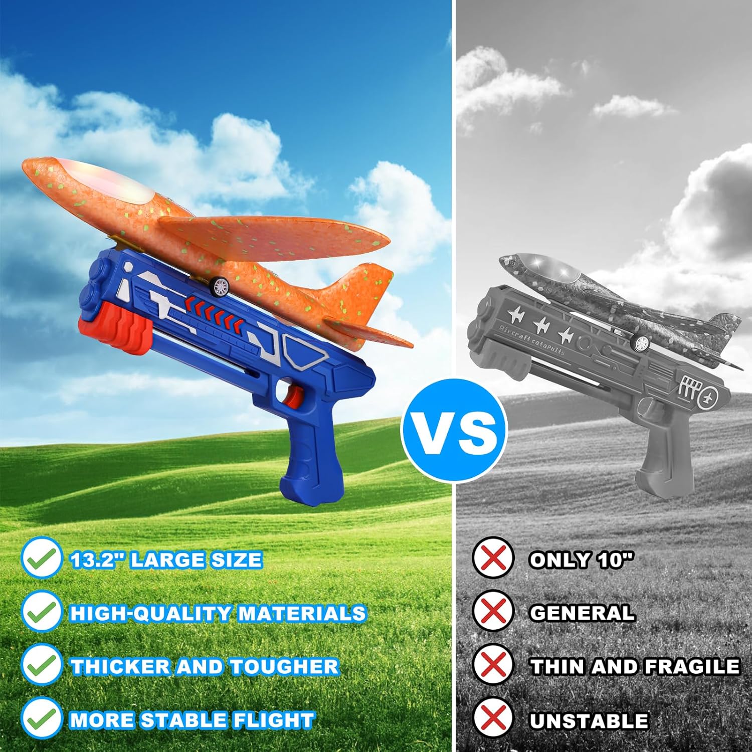 3 Pack Airplane Launcher Toys – 13.2” LED Foam Glider Plane Set (Blue, Green & Orange)