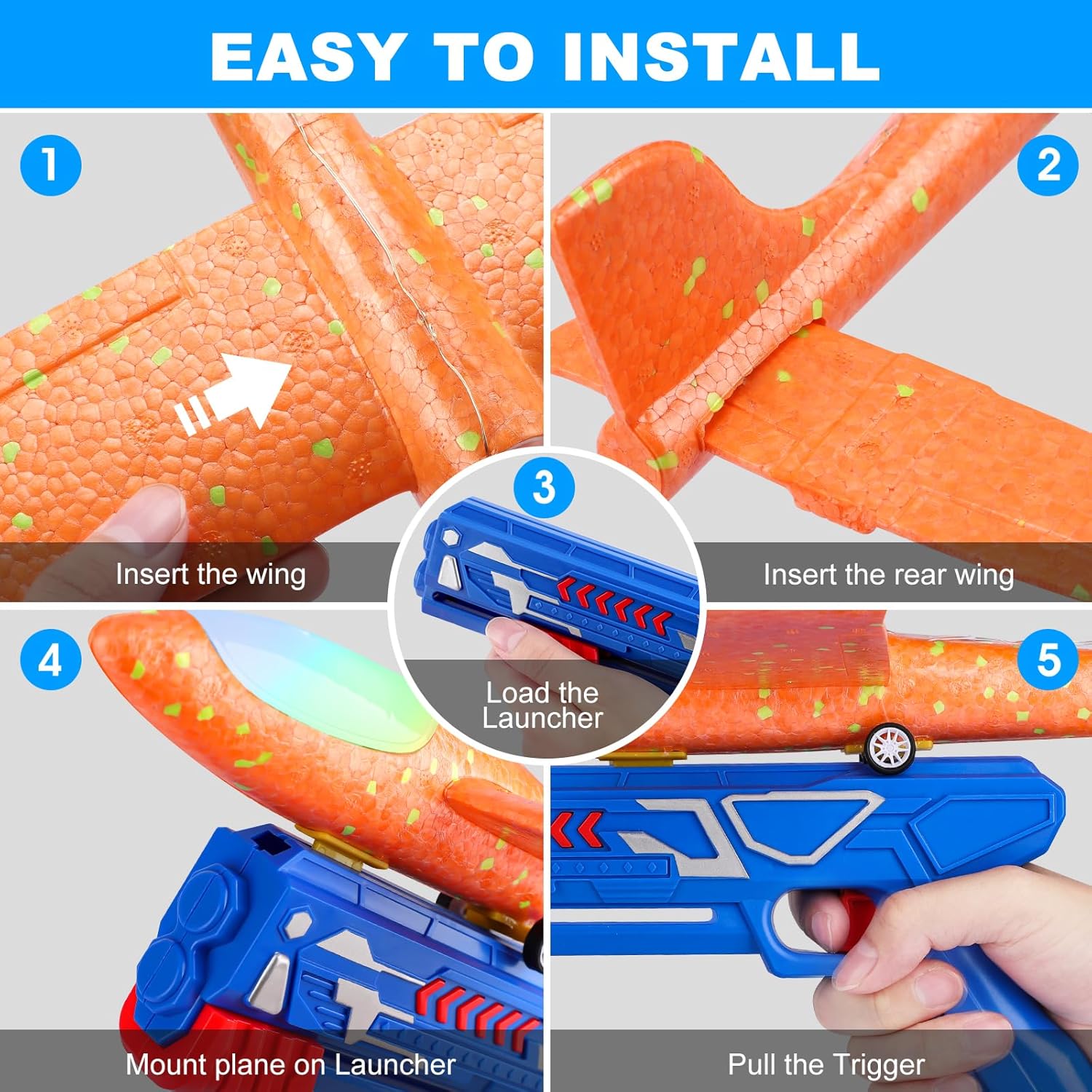 3 Pack Airplane Launcher Toys – 13.2” LED Foam Glider Plane Set (Blue, Green & Orange)