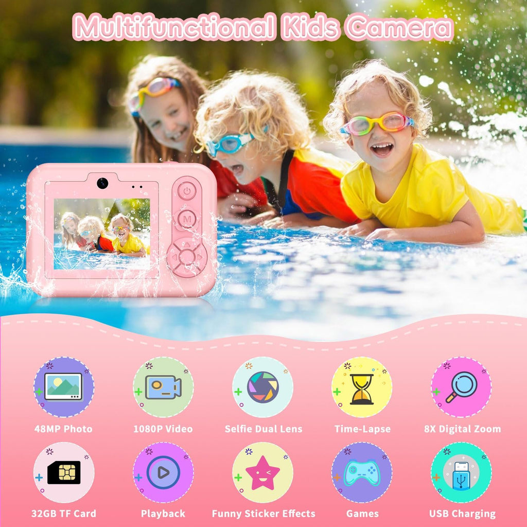 Kids Underwater Camera – IP68 Waterproof Digital Camera, 48MP Dual Lens, 1080P HD Video Recorder