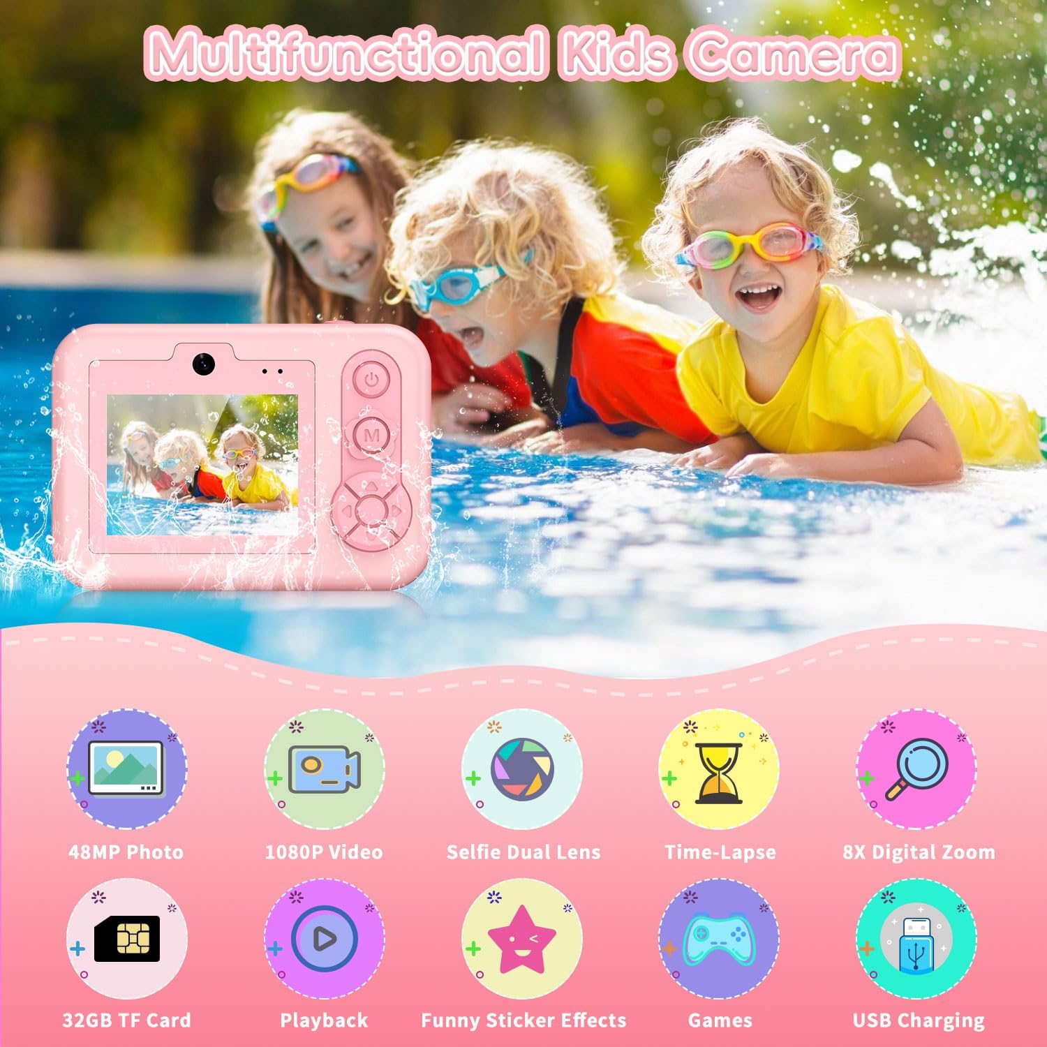 Kids Underwater Camera – IP68 Waterproof Digital Camera, 48MP Dual Lens, 1080P HD Video Recorder