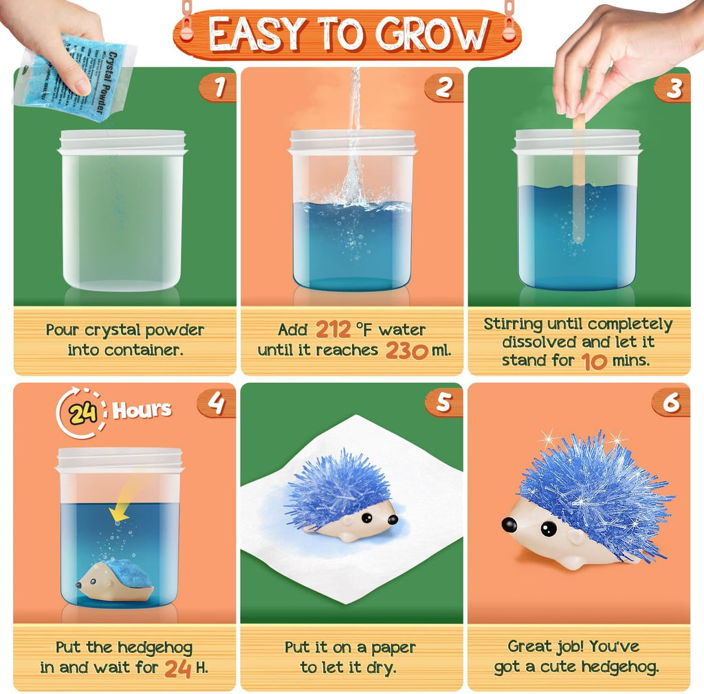 Crystal Growing Kit for Kids – 4 Vibrant Hedgehogs Science STEM Crystal Growth Experiment Set