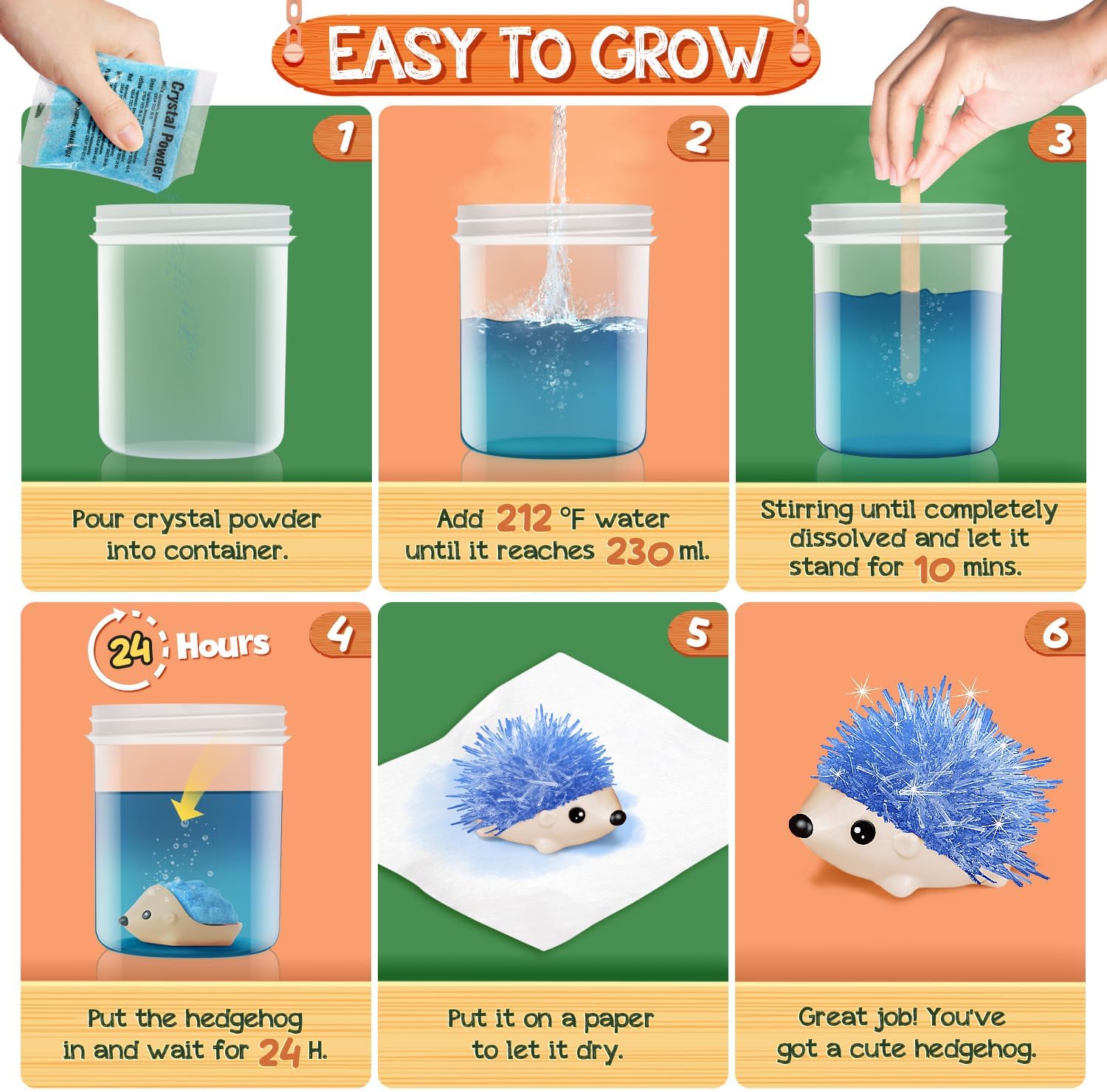 Crystal Growing Kit for Kids – 4 Vibrant Hedgehogs Science STEM Crystal Growth Experiment Set