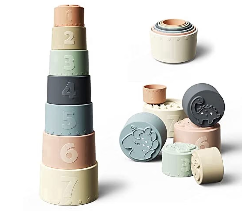 Silicone Stacking Cups Toy – 7-Piece Montessori Educational Nesting & Sensory Learning Set for Babies and Toddlers