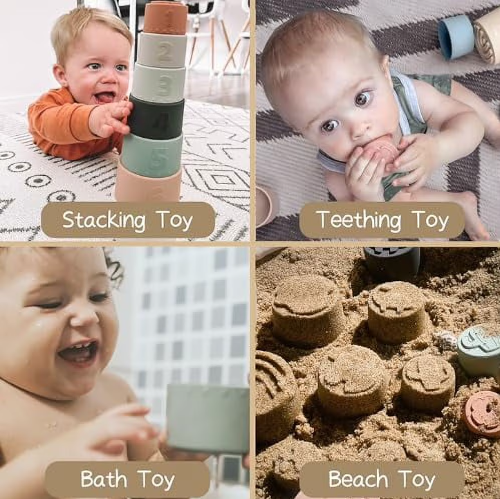Silicone Stacking Cups Toy – 7-Piece Montessori Educational Nesting & Sensory Learning Set for Babies and Toddlers