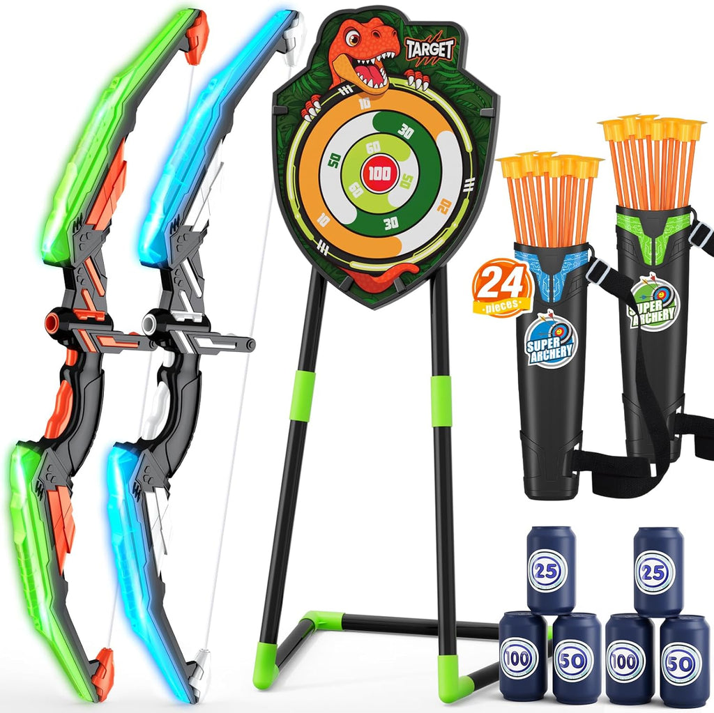 2 Pack Bow and Arrow for Kids – LED Light Up Archery Set with 24 Suction Cup Arrows