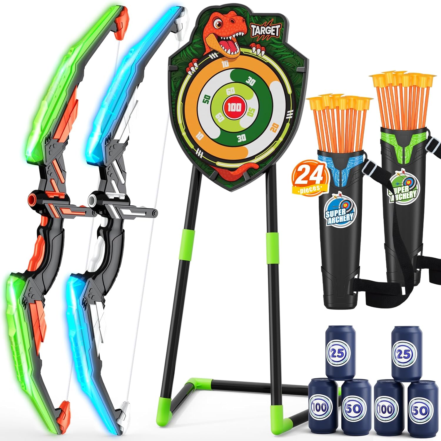 2 Pack Bow and Arrow for Kids – LED Light Up Archery Set with 24 Suction Cup Arrows