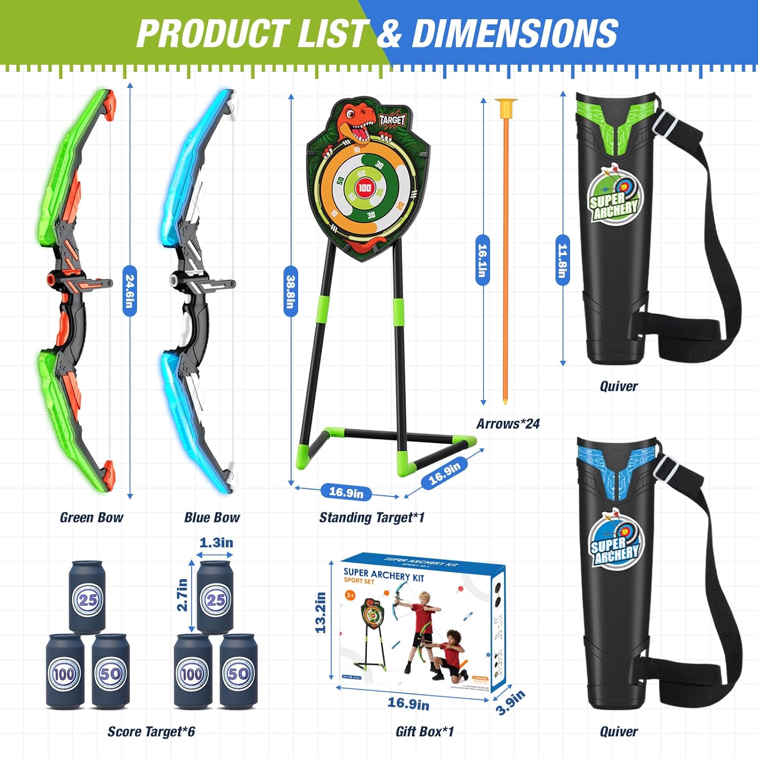 2 Pack Bow and Arrow for Kids – LED Light Up Archery Set with 24 Suction Cup Arrows