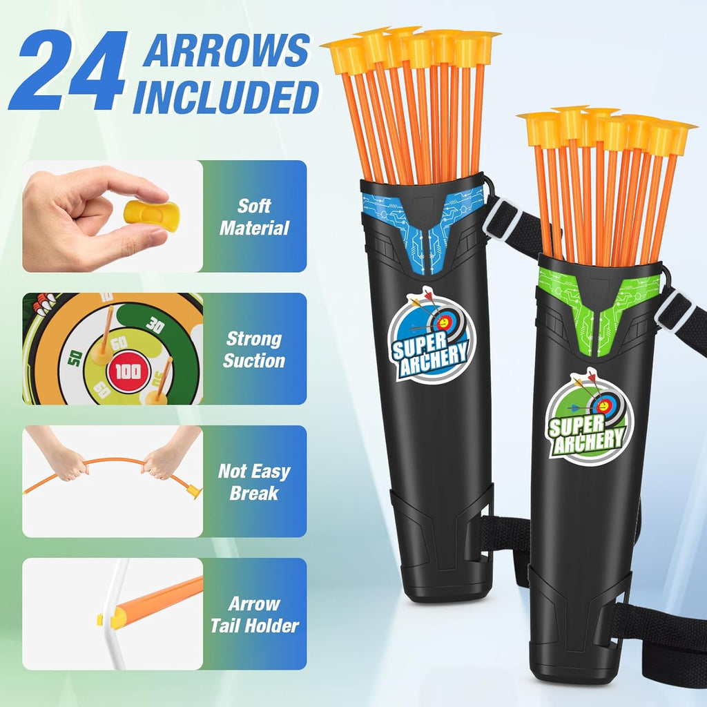 2 Pack Bow and Arrow for Kids – LED Light Up Archery Set with 24 Suction Cup Arrows
