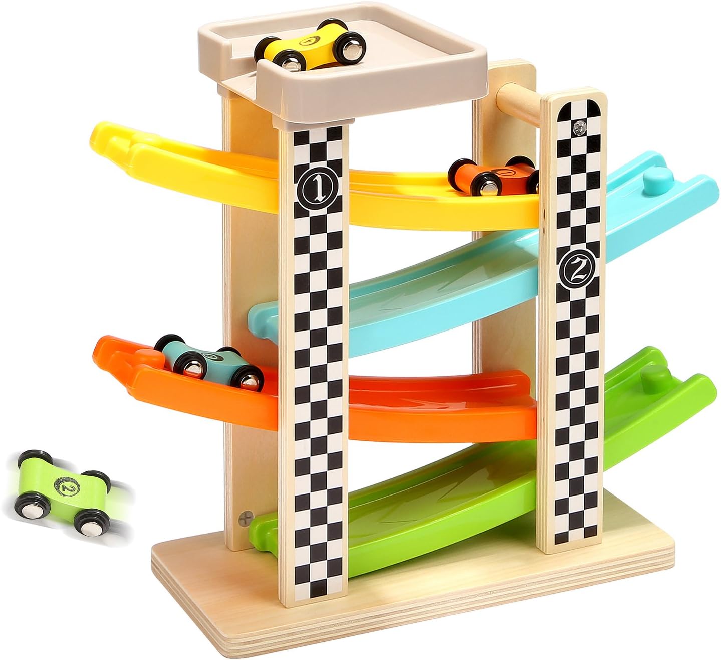 Wooden Car Ramp Racer Toy – Montessori Educational Multi-Level Race Track for Toddlers & Kids