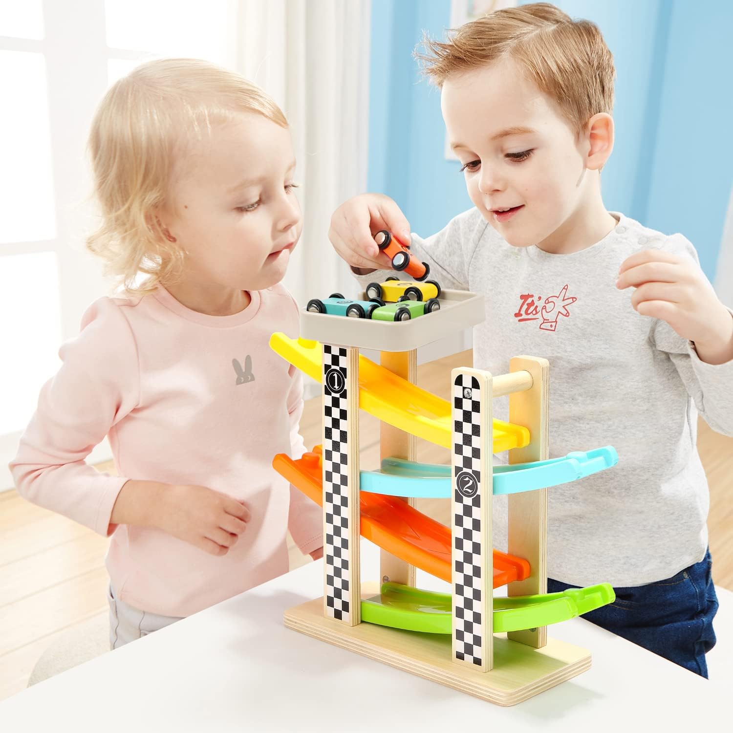 Wooden Car Ramp Racer Toy – Montessori Educational Multi-Level Race Track for Toddlers & Kids